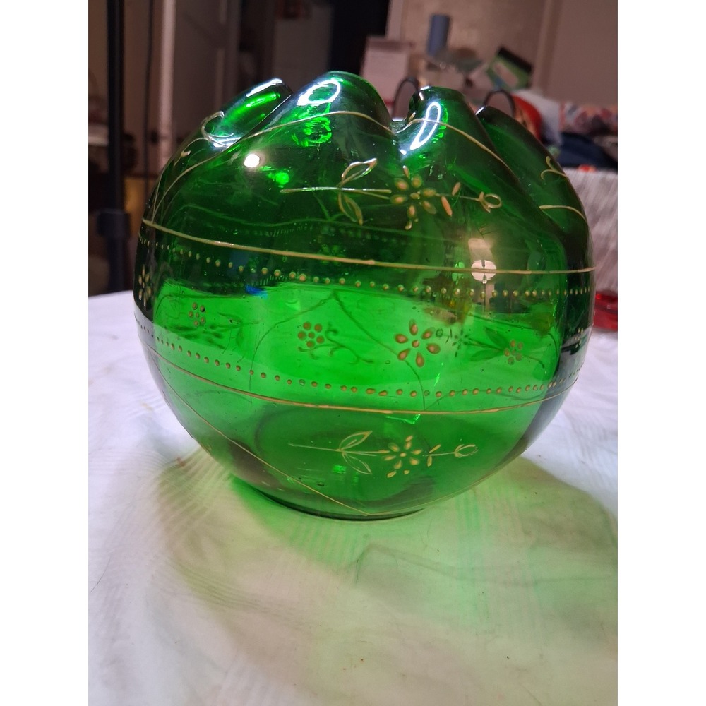 Vintage Emerald Green Glass Rose Bowl Hand Painted Gold Floral Ruffled Rim 5in